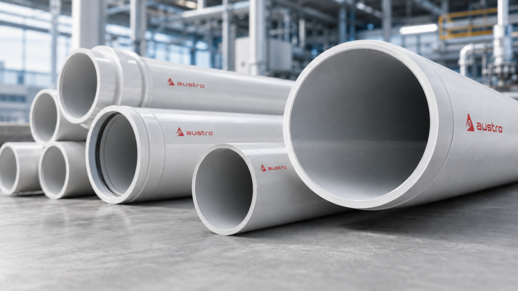 Austro branded rigid PVC pipes at the factory (client product photo)